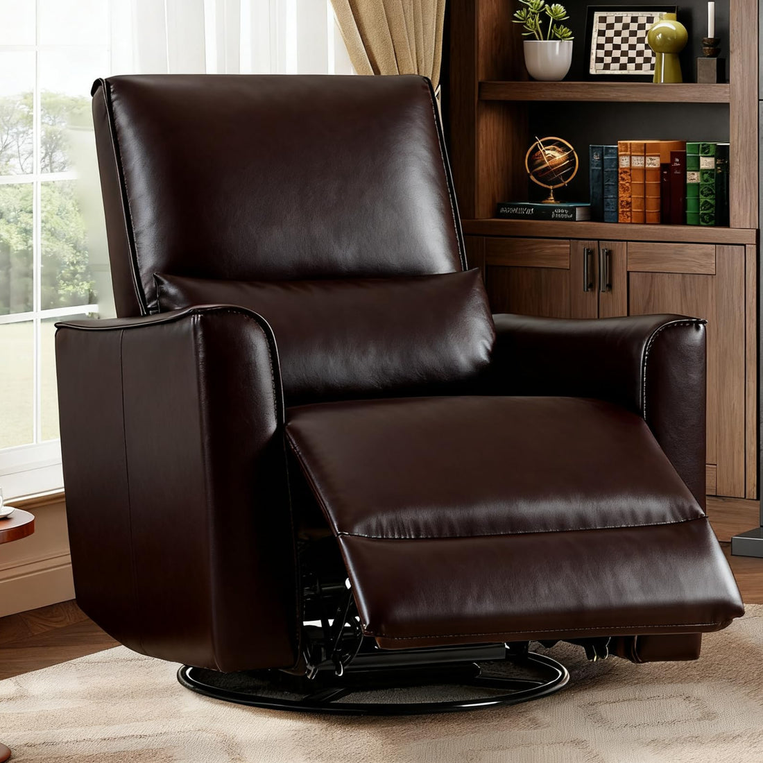 Fauteuil inclinable manuel pivotant et à bascule Garvee pour adultes, fauteuil inclinable à bascule et coulissant en cuir PU avec siège profond et dossier haut pour chambre de bébé, salon, chambre à coucher et salle de cinéma maison, marron foncé