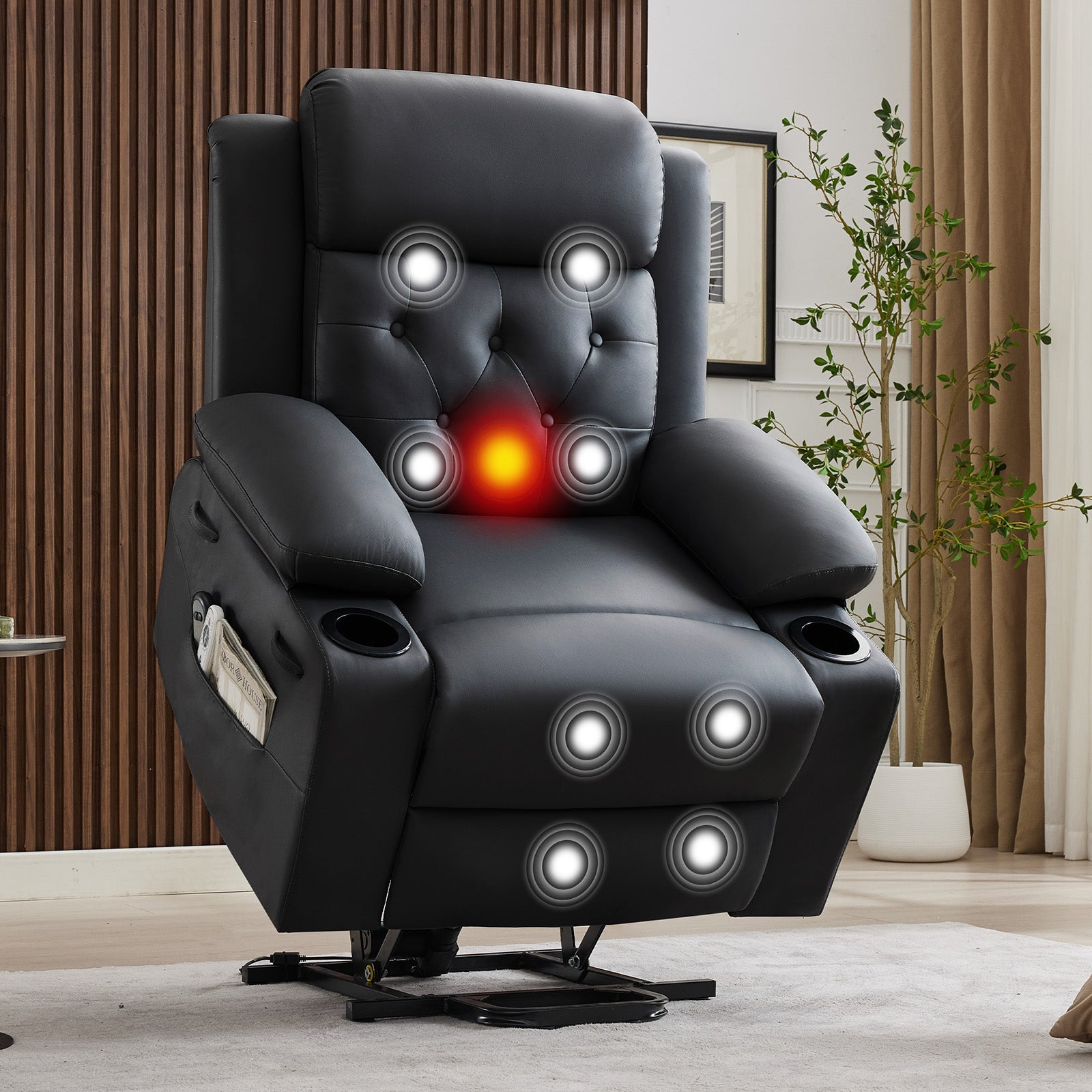 Garvee Power Lift Recliner Chair for Elderly with Massage and Lumbar Heating, PU Leather Electric Lift Reclining Single Sofa with Side Pockets, 2 Cup Holders for Mobility Impaired, Black