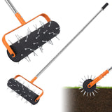 Garvee Heavy Duty Rolling Lawn Aerator with 52 Spikes – Manual Soil Loosening Tool – 18'' Adjustable 67'' Handle – Great for Garden, Yard, Patio – Body Black with Orange, 18 Inches