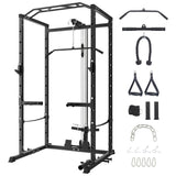 Garvee Comprehensive Power Cage Home Gym System – Multi-Functional Squat Rack with LAT Pulldown, Cable Pulley, J-Hooks, Dip Bars, Landmine – Heavy Duty Strength Training Equipment for Home Fitness, Black