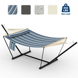 Garvee 12FT Heavy Duty Double Hammock with Stand – 2 Person Outdoor Swing Bed – Adjustable Steel Frame, Wooden Spreader Bar, Detachable Pillow – 450 lbs Capacity – Portable for Patio, Garden, Beach, Backyard – Light-Navy Blue Stripe, 12FT - Light-Dark Blue Stripe