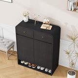 Garvee Narrow Freestanding Shoe Storage Cabinet – 31.5" Wide, Adjustable Shelves, 2 Drawers & Bottom Shelf, Modern MDF, Anti-Tip, Rounded Corners, Large Capacity, Entryway Organizer – Black Embossed - Natural Wood Color