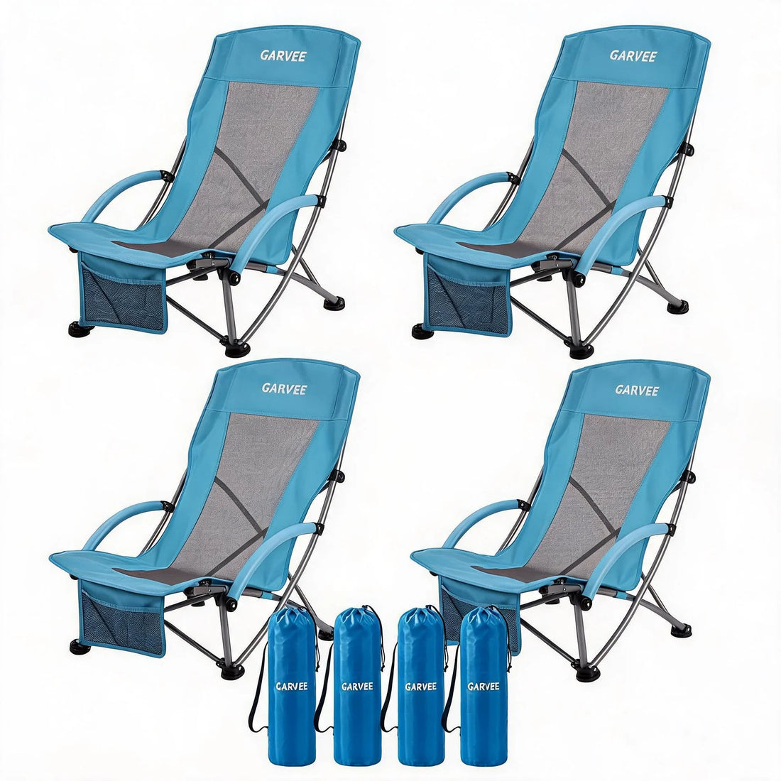 Garvee High Back Folding Beach Chairs 4 Pcs for Adults – Lightweight, Portable, Extra Wide Seats, Padded Armrests, Cup Holders, Storage Pockets – Perfect for Camping, Picnics, Festivals, Travel – Blue Mesh Fabric, Set of 4