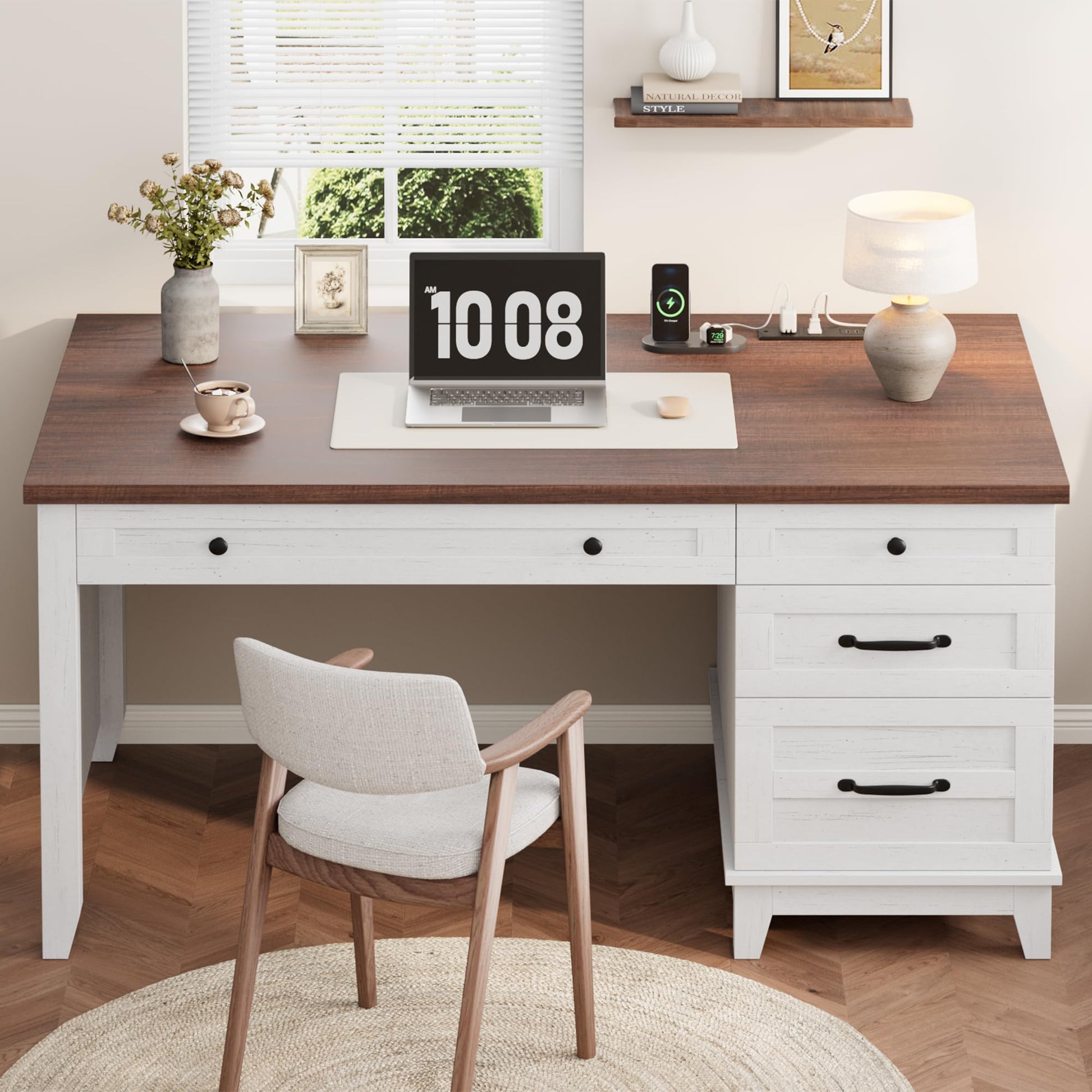 Garvee 53.5" Farmhouse Executive Office Desk with Power Outlets & USB Ports – Wooden Computer Desk – Adjustable File Cabinet – Storage Drawers – Charging Station, Brown and White Contrast