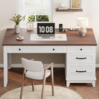 Garvee 53.5" Farmhouse Executive Office Desk with Power Outlets & USB Ports – Wooden Computer Desk – Adjustable File Cabinet – Storage Drawers – Charging Station, Brown and White Contrast