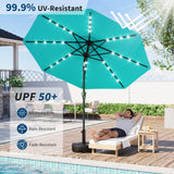 Garvee 10FT Solar Patio Umbrella with 32 LED Lights – UV Protection, Waterproof Vented Canopy, Crank Lift, Push Button Tilt, 8 Sturdy Ribs, for Garden, Pool, Deck, Yard – Outdoor Sun Shade – Euro 4 Sky Blue - Green