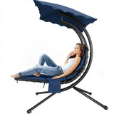 Garvee Comfortable Hanging Chaise Lounge Swing Chair for Patio – Curved Steel Frame, Canopy Shade, Removable Pillow, Outdoor Hammock Lounger for Garden, Pool, Porch, Backyard – Includes Stand – Navy - Gray-Green