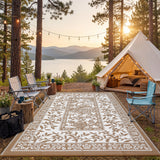 Garvee Waterproof Reversible Outdoor Rug 9x12ft - Botanical Cottagecore Patio Carpet - UV Resistant, Portable, Lightweight - Ideal for RV, Deck, Porch, Balcony, Camping, Picnic, Beach, Backyard - Brown-White, USA - Brown & White