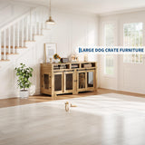 Garvee Extra Large Double Dog Crate Furniture – Heavy Duty Wooden Kennel with Removable Divider, 3 Storage Drawers, TV Stand Pet House for 2 Medium/Large Dogs, Chew Resistant – Natural Wood - Natural