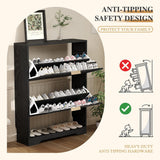 Garvee Modern Space-Saving Wooden Shoe Storage Cabinet – Slim Freestanding Organizer with 2 Turnover Drawers, Adjustable Open Shelf, Gold Handle, Ventilated for Hallway – Black - Gray