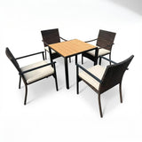 Garvee Outdoor 5-Piece Patio Dining Set – Wicker Table & Chairs with Umbrella Hole, Soft Cushions – Perfect for Garden, Deck, Poolside – Black Color - Black + Blue Cushions