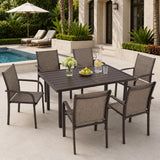 Garvee 7-Piece Patio Dining Set for 6 - Steel Slat Outdoor Table with Umbrella Hole + 6 Breathable Textilene carrier Chairs, All-Weather Patio Furniture - Brown - Black Table + Brown Stool