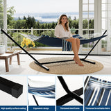 Garvee Heavy Duty Double Hammock with Stand and Pillow – 2 Person Outdoor Quilted Hammock, 450 lbs Capacity, Adjustable Steel Frame, Quick Assembly, for Patio, Backyard, Poolside, Camping – Light-Navy Blue Stripe - Dark Blue Stripes