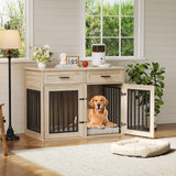 Garvee Extra Large Wooden Dog Crate Furniture – 44.5" Heavy Duty Kennel with 2 Storage Drawers, Sliding Barn Door, 3 Hooks, End Table, Chew-Proof Decorative Pet Cage for Medium/Large Dogs, Gray Vertical Stripes - Black