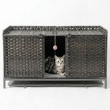 Garvee Handwoven Rattan Cat Litter Box Enclosure Furniture – Hidden Washroom Cabinet with Double Doors, Spacious Cat House, S-Shaped Hooks, Litter Mat & Side Entry – Modern Design for Living Room/Bedroom – Gray - Brown