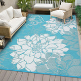 Garvee Reversible Outdoor Rug – Waterproof, UV Resistant Plastic Straw Patio Carpet – Modern Floral Design, Easy-Clean, Large Area Mat – Includes Portable Storage Bag & 4 Stakes – Light Blue/White, 9x12ft (USA) - Floral|Light Blue&White