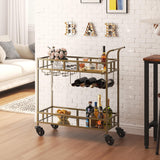 Garvee Gold 2-Tier Rolling Bar Cart with Mirrored Shelves – Portable Wine and Beverage Cart with 4 Wine Bottle Racks & 3 Glass Holders – Compact Serving Trolley for Home, Dining, Party – 34x15x35in, Gold + Mirror - Gold + Mirror