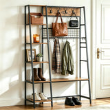 Garvee Industrial Hall Tree with Bench and 5-Tier Shelves – 11 Hooks for Coat and Bag Storage – Freestanding Entryway Organizer with Side Storage and Shoe Rack – Space-Saving Design – Matte Black + Vintage - Matte White + Natural Wood