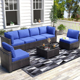 Garvee 7-Piece Outdoor Patio Sectional Sofa Set – All-Weather PE Rattan Wicker, Thick Detachable Cushions, Glass Coffee Table, Modular Conversation Set for Garden, Balcony, Porch – Brown Gradient Four-Line Rattan + Navy Blue Cushion