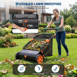 Garvee Heavy-Duty 30 in Push Lawn Sweeper Collector - Manual Walk-Behind Leaf & Grass Pickup - 12 cu ft Mesh Collection Bag - 4 Spinning Brushes - 10 in Rubber Wheels - Adjustable Brush Height - Color: Black + Orange (RAL2004) - Black + Orange Ral2004