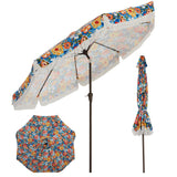 Garvee 10FT Boho Fringe Patio Umbrella - UV50+ Sun Protection - 8 Fiberglass Ribs, Push Button Tilt & Crank - Outdoor Parasol for Garden, Deck, Pool, Backyard - Floral Design - Blue-Green Stripe