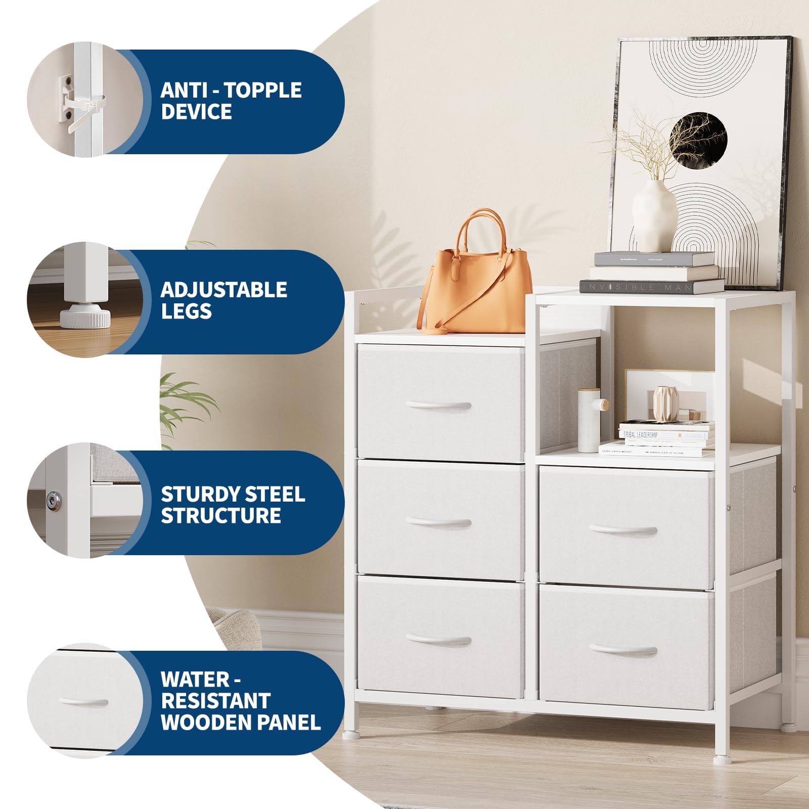 Garvee 5 Drawer Mobile File Cabinet with Open Storage Shelf, Rolling Printer Stand and Fabric Lateral Filing Cabinet for Home Office, Fits A4 or Letter Size Files, White
