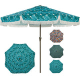 Garvee Vintage Fringe Patio Umbrella 9FT - Boho Tassel Outdoor Parasol - 8 Fiberglass Ribs, UV 50+ Protection, Crank & Tilt - Leaf - Blue-Green Stripe