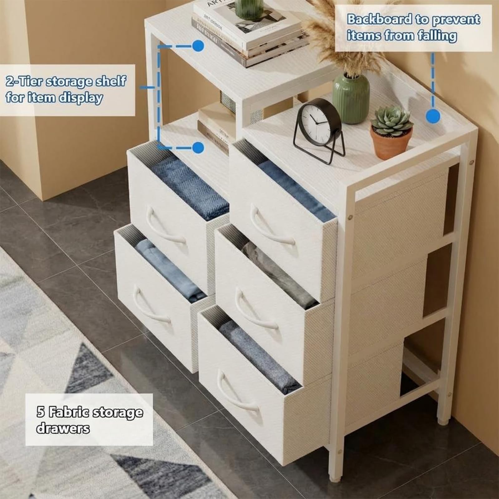 Garvee 5 Drawer Mobile File Cabinet with Open Storage Shelf, Rolling Printer Stand and Fabric Lateral Filing Cabinet for Home Office, Fits A4 or Letter Size Files, White