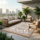Garvee Waterproof Reversible Outdoor Rug 10x14ft - Botanical Cottagecore Patio Carpet - UV Resistant, Lightweight, Collapsible - Ideal for Camping, RV, Deck, Porch, Balcony, Beach, Backyard - Brown-White, USA - Brown & White