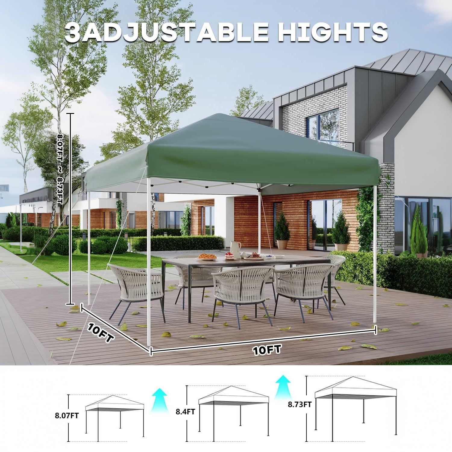 Garvee Portable Outdoor Canopy Tent with Adjustable Height, Waterproof 210D Oxford Fabric, Corrosion-Resistant Frame, Green, 10x10ft, Camping & Events