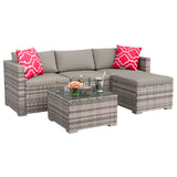 Garvee 5-Piece Outdoor Patio Sofa Set – All-Weather Gray Gradient Rattan Modular Sectional with Light Gray Cushions, Red Floral Pillows, Tempered Glass Table, Conversation Furniture for Garden, Deck, Backyard – Gray Gradient Rattan/Light Gray Cushion/Red - Brown Four-Line Rattan + Khaki Cushion + Red Pillow