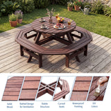 Garvee 8-Person Round Wooden Picnic Table Set – 4 Built-in Benches – Umbrella Hole – Durable Outdoor Patio Dining Table for Garden, Backyard, Camping – Color: Charcoal Brown - Natural Wood Color