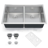 Garvee 33x19" Undermount Double Bowl Kitchen Basin with Drainboard – 16 Gauge 304 Brushed Stainless Steel, 10" Deep Dual Basins, Commercial Grade, Sound Dampening, Bottom Grid & Drain – Color: double SS sinkes - Double Ss Sinkes