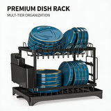 Garvee Carbon Steel Dish Drying Rack with Drainboard for Kitchen Counter - Rustproof Dish Drainer w/ Knife Slots, Cutting Board & Utensil Holder - Color: Black (WDJ-8018-BK) - Black