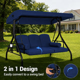 Garvee 3-Seat Outdoor Swing Chair with Canopy – Heavy Duty Steel Frame – Weather Resistant Cushioned Patio Bench – Hanging Garden, Porch, Deck, or Lawn Seat – Navy Blue, No Throw Pillow - Khaki - No Throw Pillow
