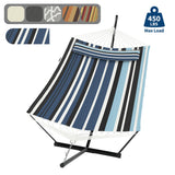 Garvee Heavy Duty Double Hammock with Stand and Pillow – 2 Person Outdoor Quilted Hammock, 450 lbs Capacity, Adjustable Steel Frame, Quick Assembly, for Patio, Backyard, Poolside, Camping – Light-Navy Blue Stripe - Dark Blue Stripes