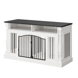 Garvee Heavy Duty Double Dog Crate Furniture for 2 Small/Medium or 1 Large Dog - Wooden Kennel - Removable Divider - Roman Column Design - Open Storage - Sliding Barn Doors - TV Stand - White - Natural Wood Color