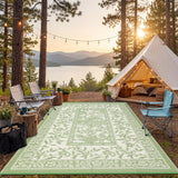 Garvee Waterproof Reversible Outdoor Rug 8x10ft - Botanical Cottagecore Patio Mat - UV Resistant, Lightweight, Collapsible - Perfect for Deck, RV, Porch, Camping, Picnic, Beach, Backyard - Gray-Green/Ivory, USA - Green & White