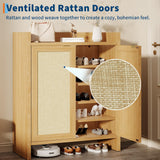 Garvee Freestanding Rattan Shoe Cabinet – 2-Door Wooden Entryway Organizer with Adjustable Shelves – Narrow Farmhouse Shoe Rack for Hallway, Living Room, or Closet – Hidden Storage – Color: Dark Oak