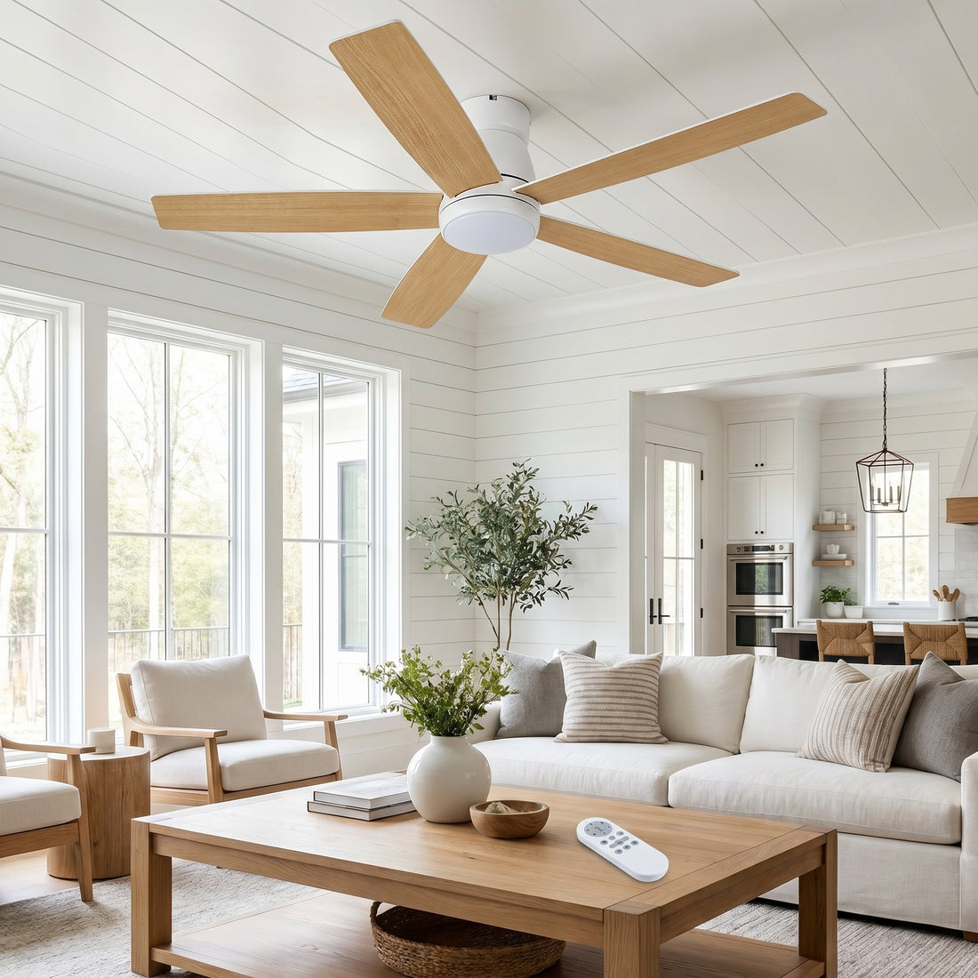 Garvee Modern 52" Ceiling Fan with 3-Color Temperature LED Lights and Remote, Quiet Reversible DC Motor for Bedroom, Living Room and Dining Room, White & Yellow