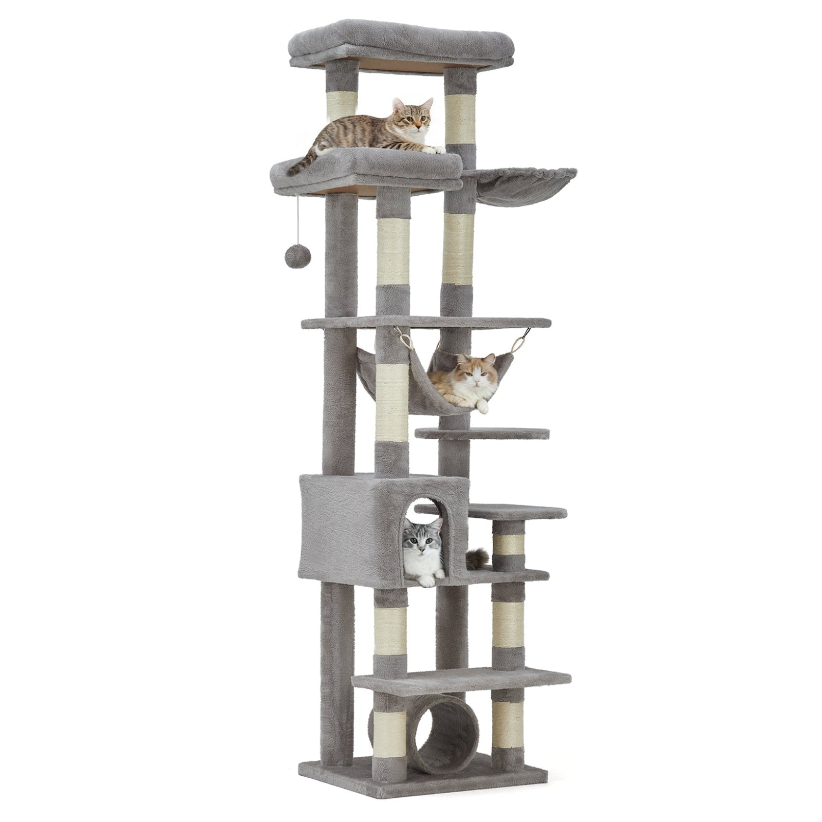 Garvee 74" Tall Cat Tree for Large Cats with Scratching Posts, Condo, Perches, Hammock, Tunnel & Feeding Station, Deep Gray