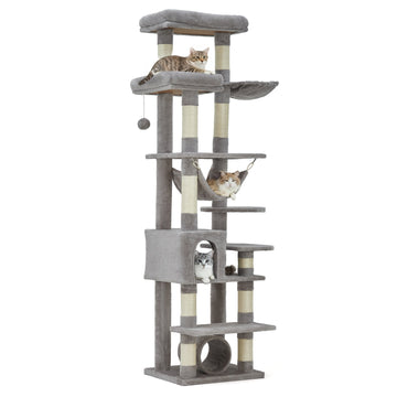 Garvee 74" Tall Cat Tree for Large Cats with Scratching Posts, Condo, Perches, Hammock, Tunnel & Feeding Station, Deep Gray