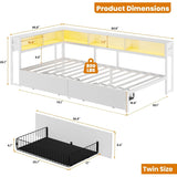 Garvee Twin Corner Bed with Charging Station, LED Lights & Storage, White - White
