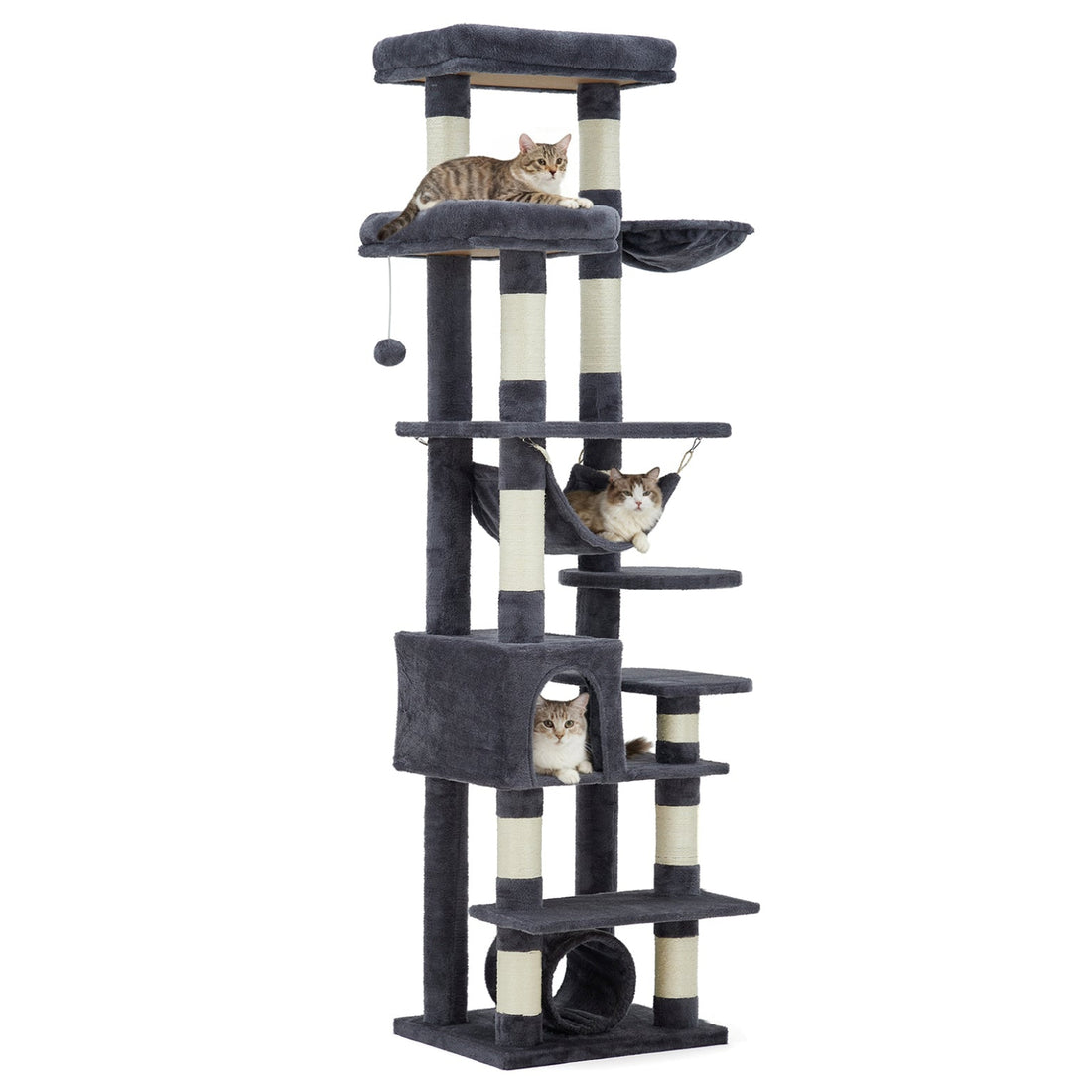Garvee 74" Tall Cat Tree for Large Cats with Scratching Posts, Condo, Perches, Hammock, Tunnel & Feeding Station, Deep Gray