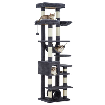 Garvee 74" Tall Cat Tree for Large Cats with Scratching Posts, Condo, Perches, Hammock, Tunnel & Feeding Station, Deep Gray