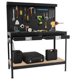 Garvee 48.99" x 22.99" Heavy Duty Metal Workbench – 2 Drawers, Power Outlet, Pegboard & Shelf – 2-Tier Garage Workshop Tool Table for Storage – Black