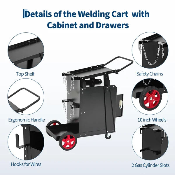 Garvee Welding Cart with Drawers and Cabinet Heavy Duty Carbon Steel for Mig Welder Tig Welder Plasma Cutter 220 Lb Capacity Black