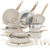 Garvee 26-Piece Nonstick Ceramic Cookware Set with Woodgrain Handles, Tempered Glass Lids, Aluminum Base, Induction Compatible for Home Kitchens - White