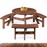 Garvee Round Outdoor Wooden Picnic Table with Built-In Benches, Umbrella Hole, 6-12 Person Patio Dining Set for Backyard, Garden or Deck - Color: Natural Wood
