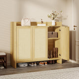 Garvee Boho Farmhouse Rattan Shoe Cabinet with Doors - 6-Tier Large Entryway Shoe Storage Organizer - Adjustable Wooden Shelves - Multifunctional Shoe Cupboard for Hallway, Living Room - Light Oak - Dark Oak